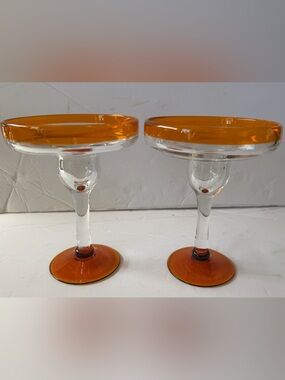2 Hand Blown Bubble Margarita Glasses orange Rim Mexican look set